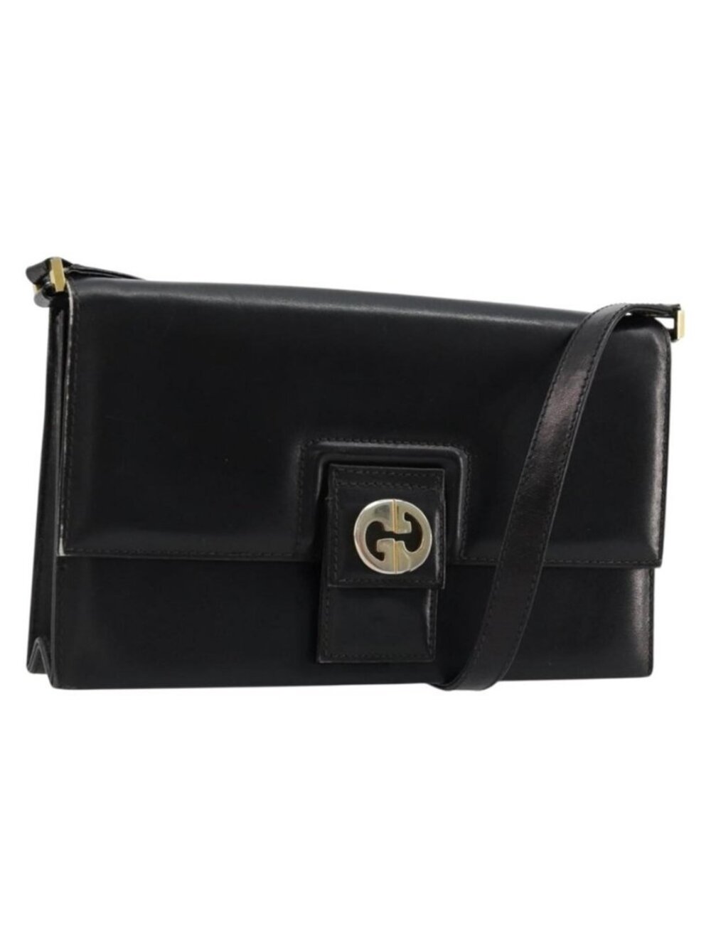 Authentic GUCCI Shoulder Bag Leather Black Gold